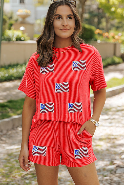 Twist Front American Flag Sequin Ribbed Crop and Shorts Set